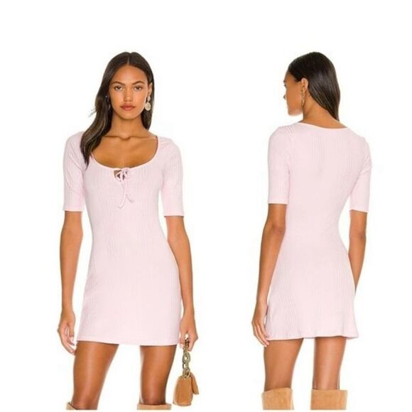 Lovers + Friends Jazlyn Pink Ribbed Mini Dress with Tie in Front Size XXS NWT - Picture 1 of 7